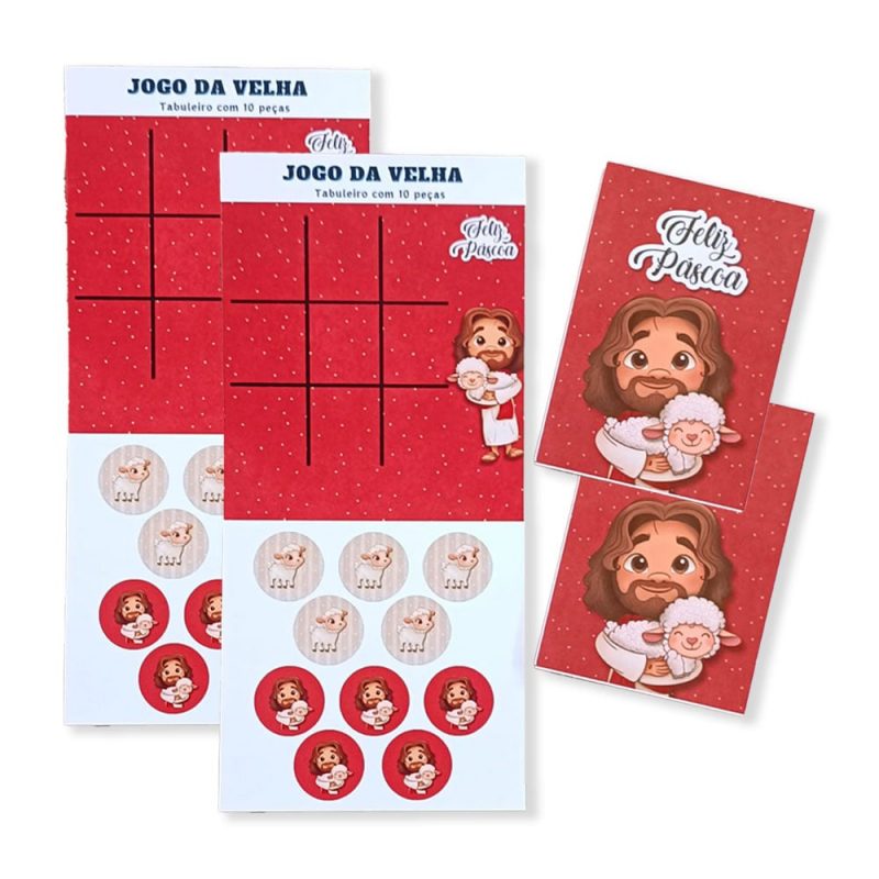 Lembrancinha cristã infantil para páscoa Kit 2 Jogo da velha com 10 peças + Bloquinho de anotação Feliz Páscoa Vermelho