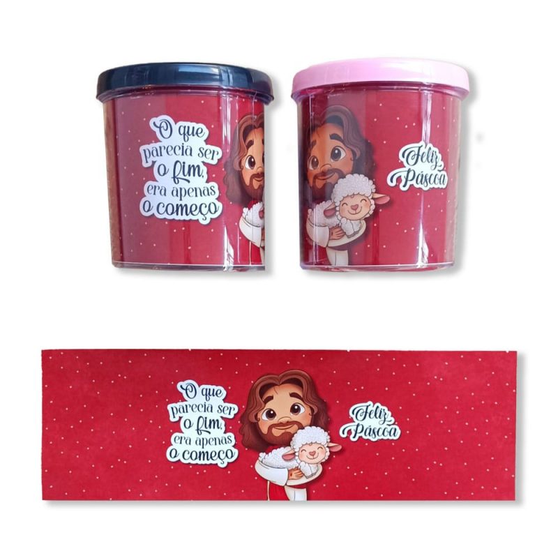 Lembrancinha cristã infantil para páscoa - Caneca Acrílica Feliz Páscoa Jesus e o Cordeiro Vermelho