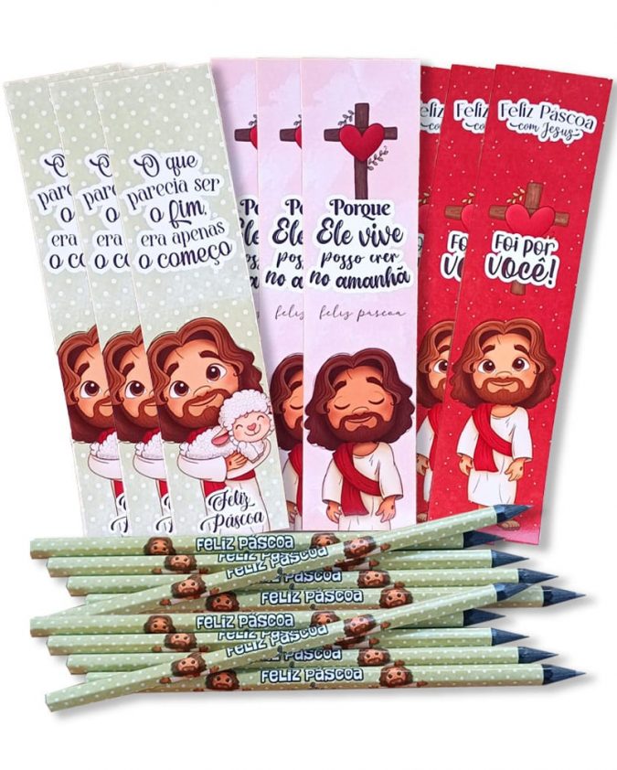 Lembrancinha Cristã Kit Com 10 Marca Página E Lápis De Escrever Feliz Páscoa Com Jesus Variados