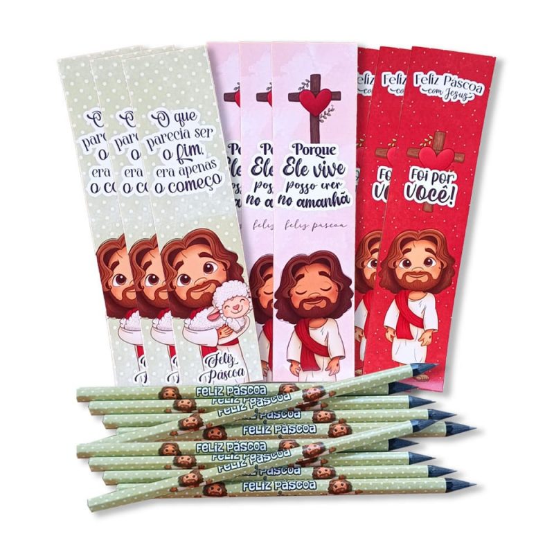 Lembrancinha Cristã Kit Com 10 Marca Página E Lápis De Escrever Feliz Páscoa Com Jesus Variados