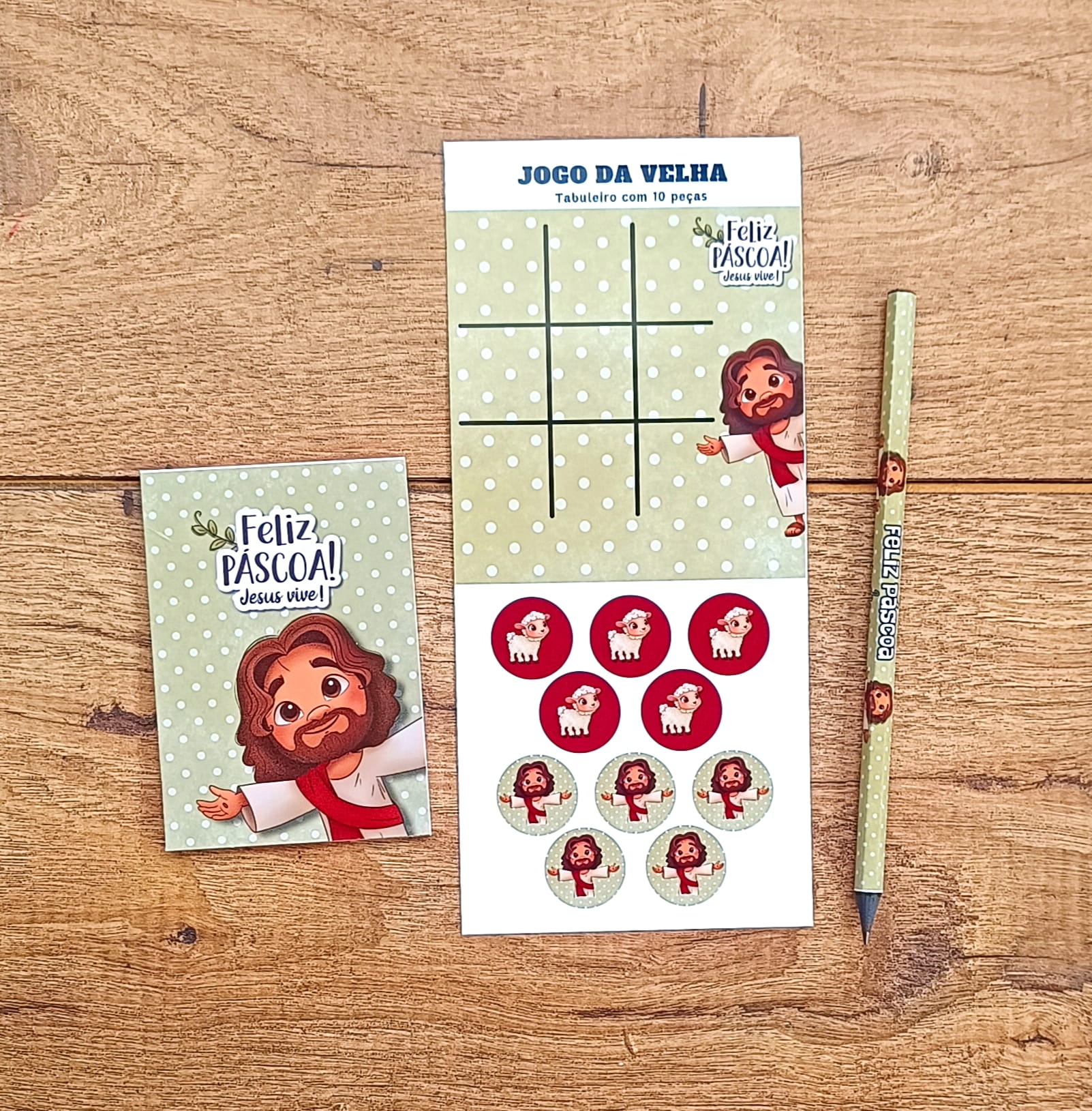 Lembrancinha cristã páscoa Kit com 10 – Jogo da velha + Bloquinho + Lápis – Feliz Páscoa Verde