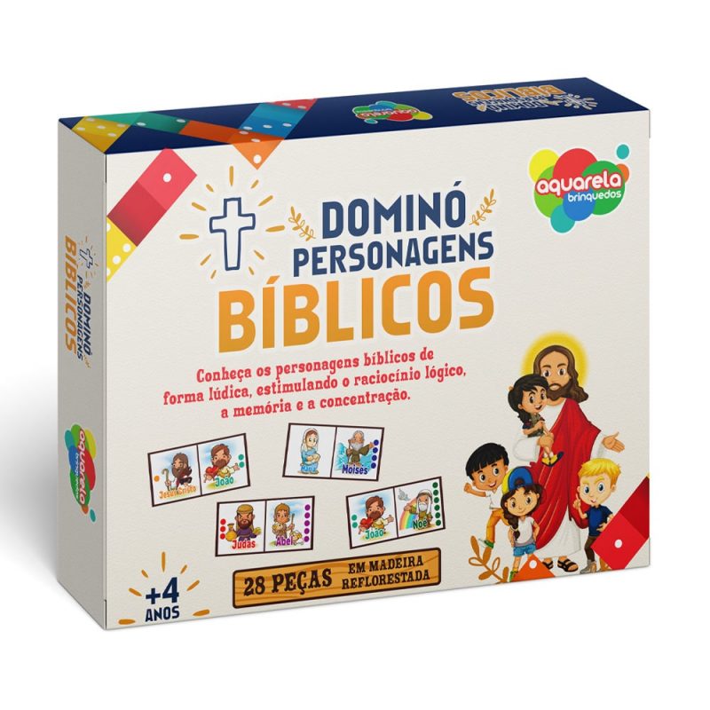 Brinquedo Cristão Dominó De Madeira Personagens Bíblicos 28 Peças