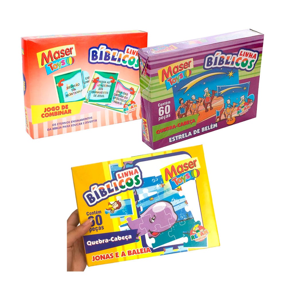 Kit 3 Jogos Bíblicos - Jogo de combinar e quebra-cabeça cristão