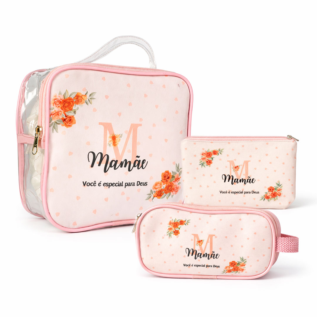 Kit 3 Bolsa Necessaire Dia Das Mães Com Frase Cristã Evangélica